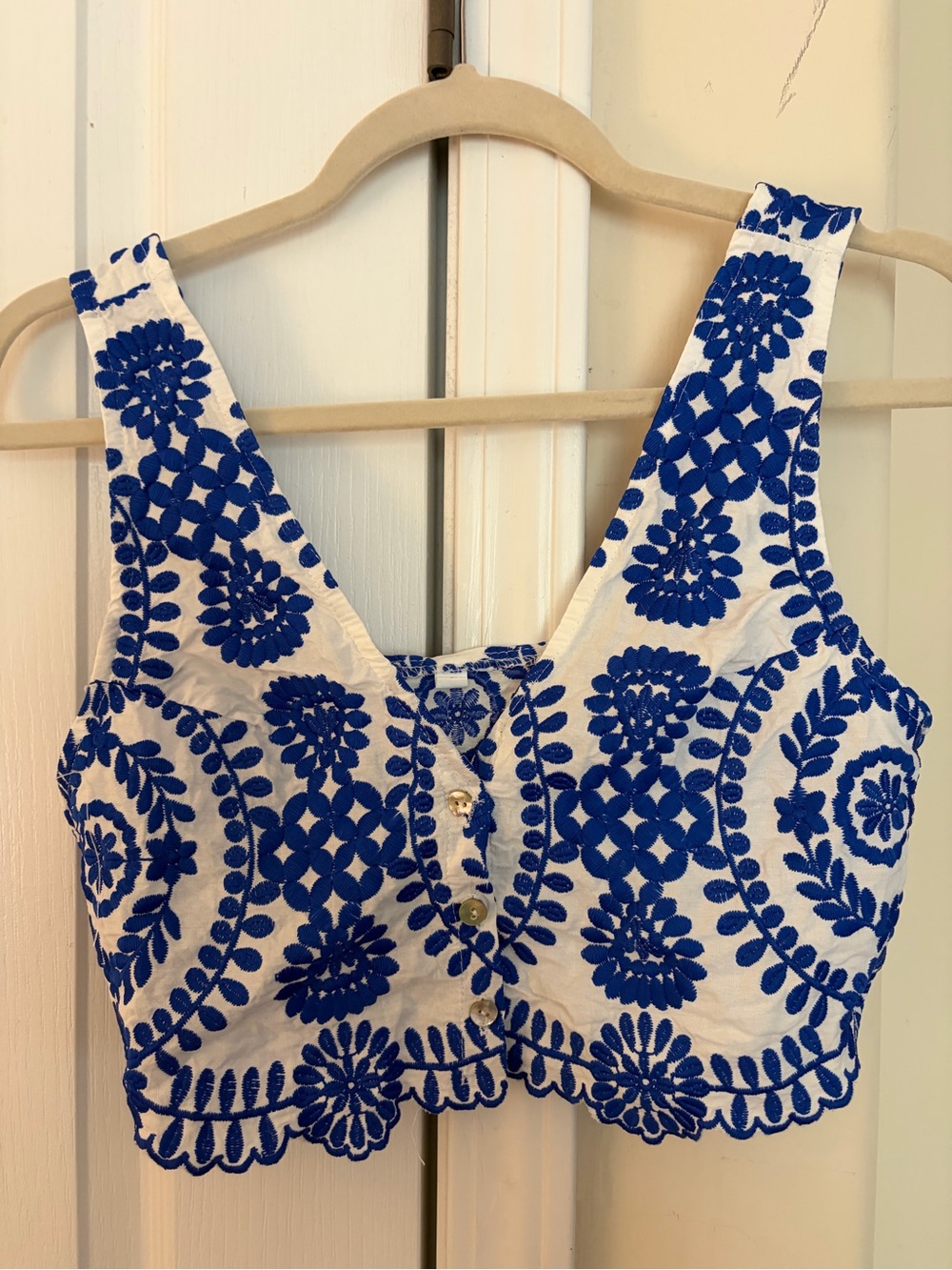 White & Blue Embroidered Crop Tank Top